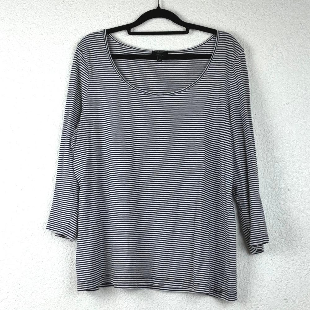 Talbots Black White Striped Top - XL - 3/4 Sleeve Scoop Neck 100% Pima Cotton